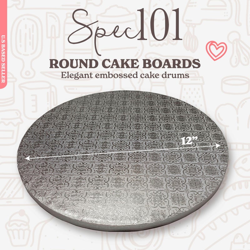 Spec101 Round Cake Boards Bulk 12pk - 12 Inch Cake Drum Round Silver Cardboard Base with 1/2 Inch Thick Smooth Foil Edge - Image 2